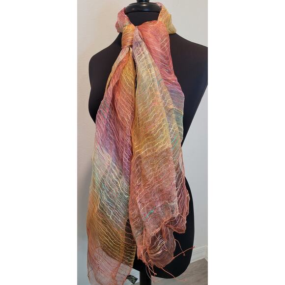 VTG Fleurs Natural Silk Fringe Scarf Wrap Shawl Sheer Lightweight Multicolor EUC - Picture 2 of 4